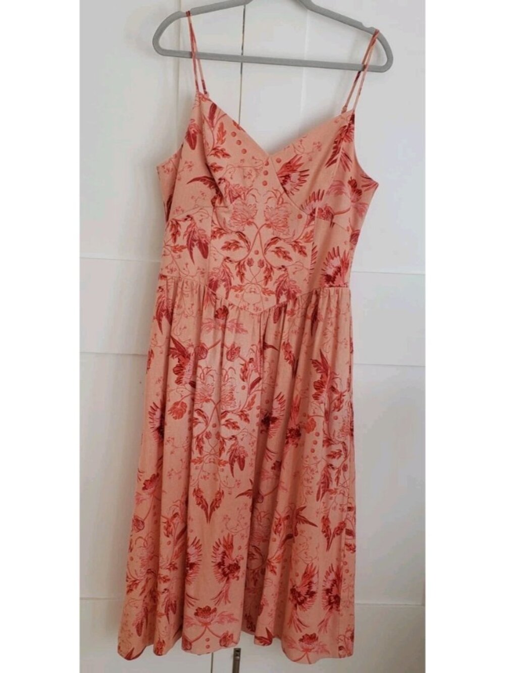 NWT HOUSE OF HARLOW 1960 LINEN FLORAL SPAGHETTI STRAPS MIDI DRESS PEACH LARGE - Picture 4 of 10